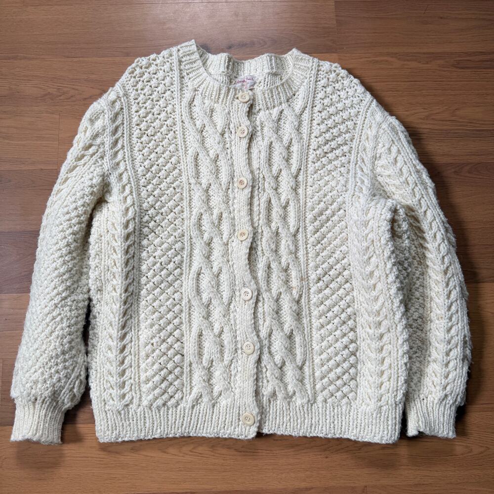 Women's Vintage 1980's Hand Made Cream White Cable Knit Cardigan Sweater Sz M